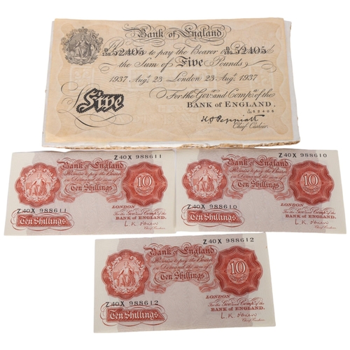 255 - A 1937 white £5 note, and 3 10 shilling notes