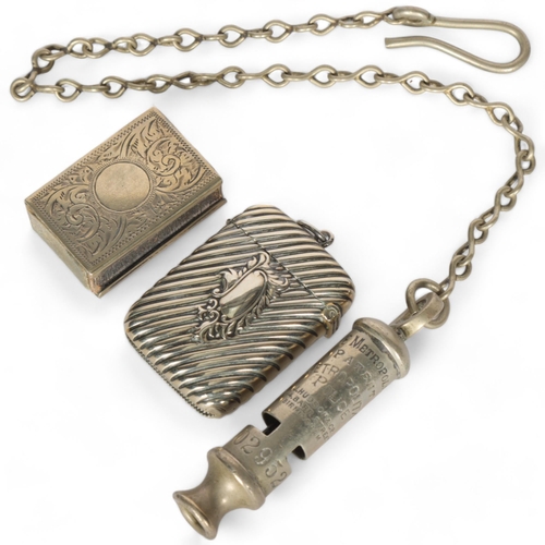 273 - Items to include the Metropolitan Police whistle, a chrome plated Vesta and matchbox cover (3)