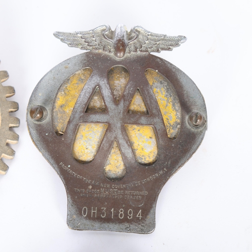 280 - A group of 4 motoring car badges, including a Vintage AA car badge number OH31894, a World War II Ro... 