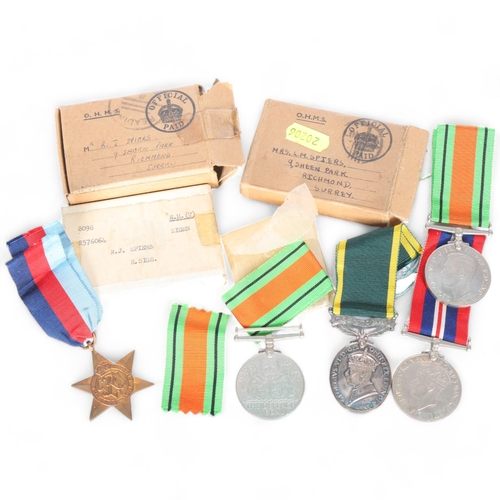 288 - A Second World War medal trio, awarded to Mr R J Spiers, all in original packing and boxed, a King G... 