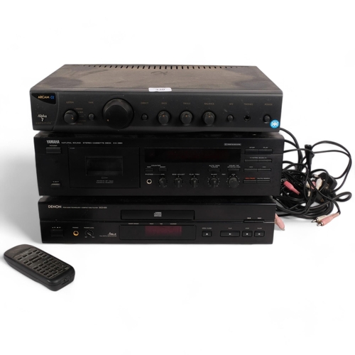 330 - An Arcam Alpha 7 amplifier, a Yamaha Natural Sound stereo cassette deck, model KX-390, and a Denon P... 