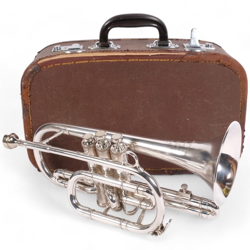 346 - A Besson silver plated cornet, serial no. 462945, in associated hardshell casing with additional acc... 