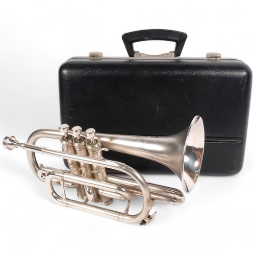 347 - A Boosey & Hawkes silver plated cornet, serial no. 535346, in associated hardshell casing with addit... 