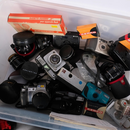 357 - A quantity of various Vintage cameras and associated equipment, including a Sony Cybershot, a Fujifi... 