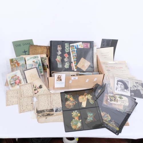 101 - A box of various Vintage postcards, a Boston Massachusetts pendant, First Day Cover stamps, deeds an... 