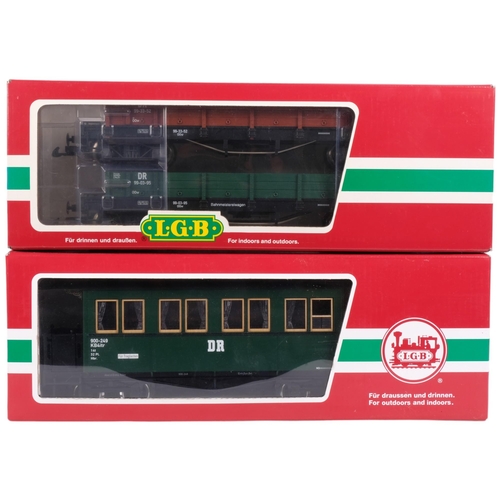 150 - LGB THE BIG TRAIN - a group of 2 G gauge goods wagons and carriages, including model nos. 42610, 336... 