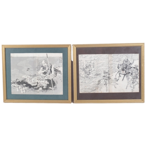 159 - A pair of Chinese woodblock prints, 1 depicting a battle scene, 17cm x 18cm, framed