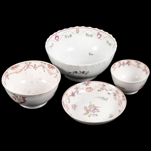 160 - An 18th century pearlware bowl with scalloped top edge, H7.5cm, and 18th century tea bowl and saucer... 