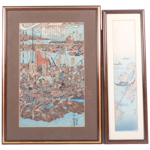 164 - A Chinese woodblock print of a battle scene, with pencil script to the reverse, image 35cm x 22cm, a... 