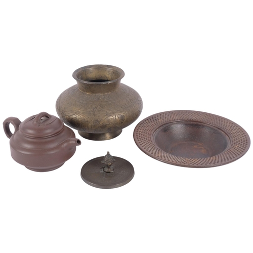 174 - A Chinese Xing teapot of small size, a Japanese iron bowl, an Indian engraved vase salvaged from the... 