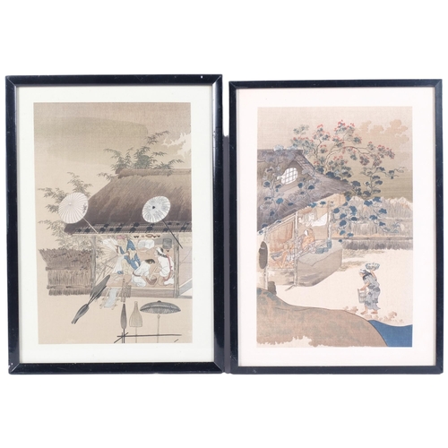 180 - 2 Oriental coloured woodblock prints, depicting village scenes, image 30cm x 29.5cm, 37cm x 27cm ove... 