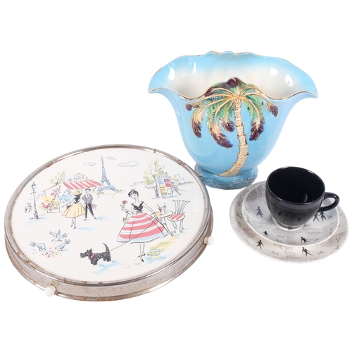 194 - A mid-century Beswick Palm Tree vase, no. 1069, H21cm, a 1950s Lazy Susan with Parisian scene, and a... 