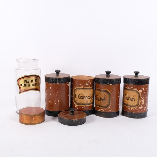 196 - A set of 4 early 20th century painted card storage jars and covers, H19.5cm, and an early 20th centu... 