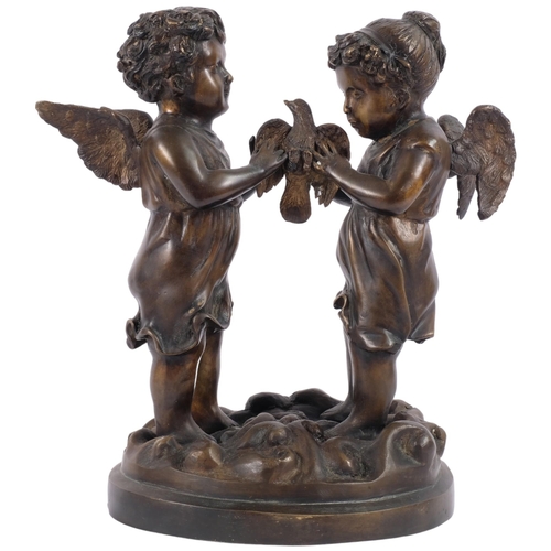 198 - A patinated spelter group of 2 cherubs, on stand, H31cm