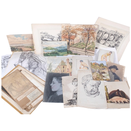 1005 - A portfolio of works by Harry Thomas, early 20th century, including watercolours and pencil drawings