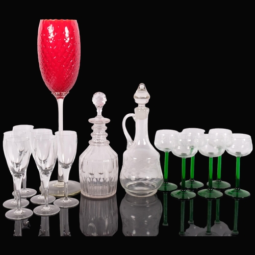 1012 - Antique glass decanter, with later stopper, H28cm, a tall red glass goblet, and other drinking glass... 