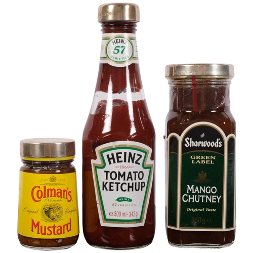 1015 - A ketchup bottle with silver top, 20cm, and 2 other condiment jars with hallmarked silver tops