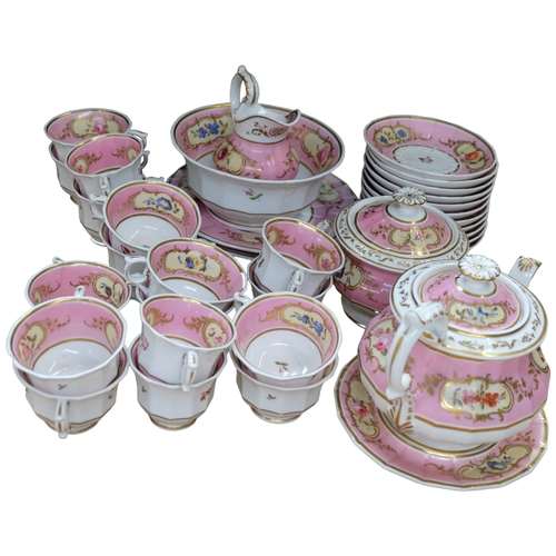 1018 - A Victorian porcelain teapot, sucrier and jug, and 17 cups, 11 saucers, 2 plates and slop bowl