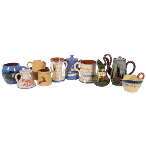 1034 - 11 pieces of Devon Ware pottery, including an Aller Vale pottery tyg, 11cm