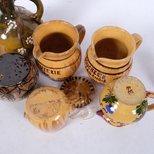 1035 - A pair of French pottery jugs, H10cm, Elton Art pottery vase, Lake's jug, etc (9)