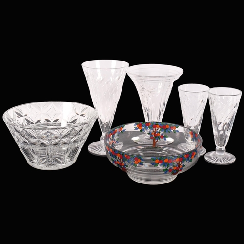 1037 - A Stuart Crystal bowl, with painted fruit trees, 19cm across, a pair of Webb Corbett vases and other... 