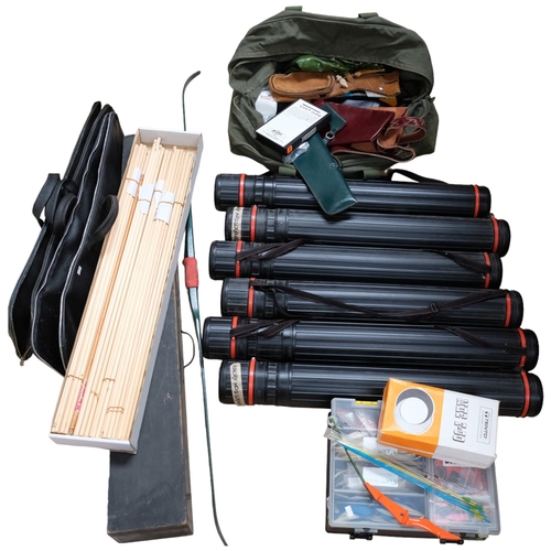 1050 - A large quantity of archery equipment, including boxes of arrows, a bow, wooden box, carrying cases,... 