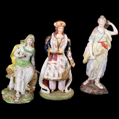 807 - A group of 3 Staffordshire figures, including a Pearlware figure of a widow, flanked by oil and meat... 