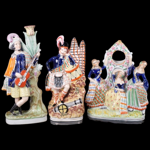 810 - A group of 3 Staffordshire flatback ceramic figurines, including The Three Graces pocket watch holde... 