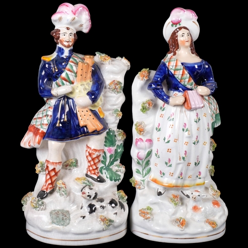 824 - A pair of Staffordshire flatback ceramic figurines, Scottish couple, gentleman figure wearing cobalt... 