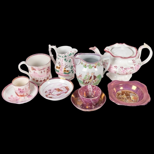 836 - A group of Victorian Sunderland lustre ware ceramic items, to include a teapot with associated lid, ... 