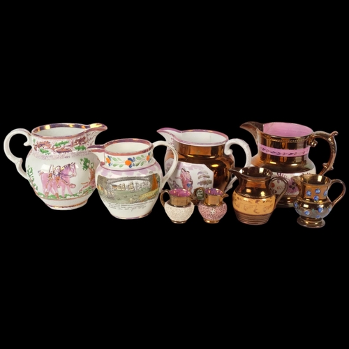 840 - A group of Sunderland lustre and lustre ware ceramic jugs, various sizes and motifs, largest height ... 