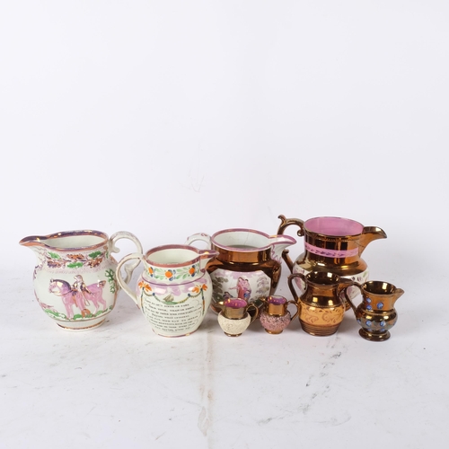 840 - A group of Sunderland lustre and lustre ware ceramic jugs, various sizes and motifs, largest height ... 