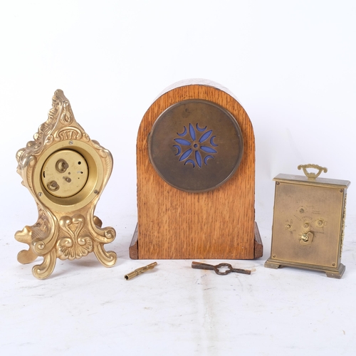 851 - An Edwardian oak 8-day mantel clock, a Swiza 8-day clock, and a gilt-metal mantel clock with enamell... 