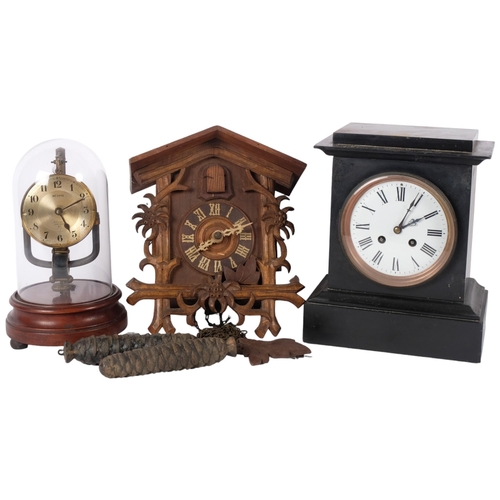 852 - A Black Forest carved cuckoo clock, an 800-day under glass dome, and a Victorian black slate mantel ... 