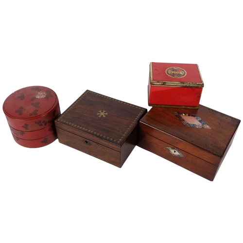 853 - A rosewood and brass inlaid sewing box, a Victorian mahogany box with abalone shell decoration, an O... 