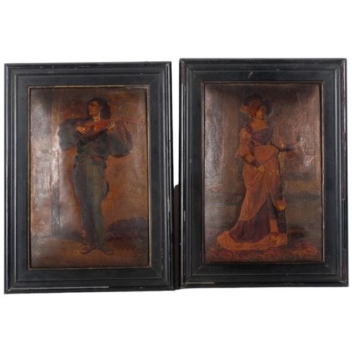 863 - 2 hand coloured pictures on copper panels, 1 depicting a musician, 29cm x 22cm, framed