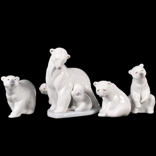 918 - Lladro polar bear with 2 cubs, H15cm, and 3 other Lladro bears