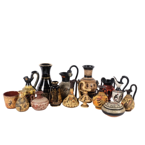 923 - A collection of Greek pottery vases and jugs with painted decoration, tallest 20cm