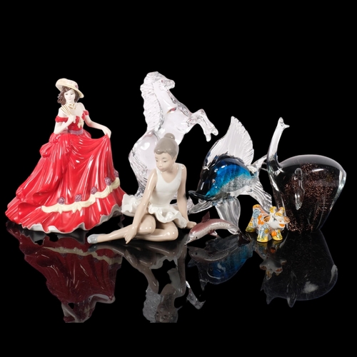 926 - Coalport lady, NAO ballet dancer, Russian pottery cow, and 4 Art glass figures