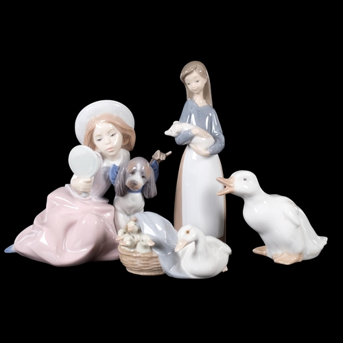 930 - Lladro girl with mirror and puppy, H13.5cm, 2 other Lladro ornaments, and a NAO duck