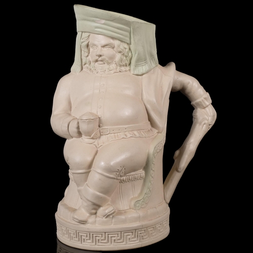 931 - Victorian relief moulded stoneware jug, depicting Falstaff, by Fell & Co, repairs to rim, H25cm