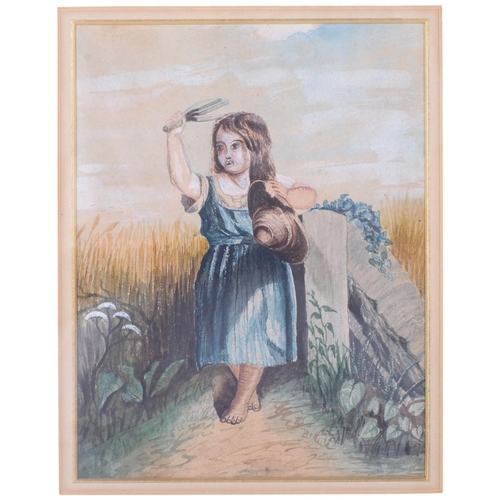 938 - 19th century watercolour painting of a child bird scarer, framed, 34cm x 28cm overall