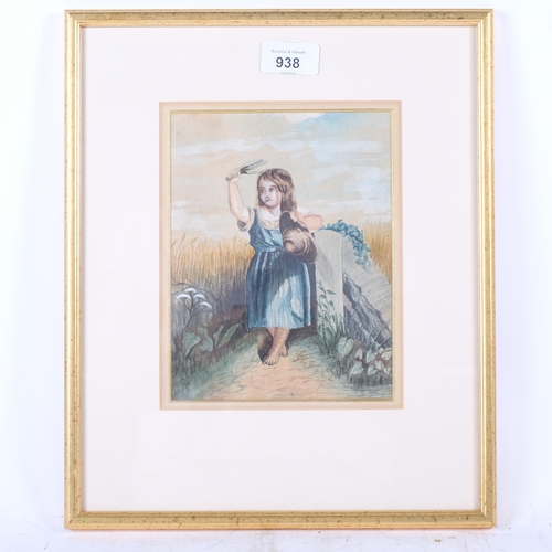 938 - 19th century watercolour painting of a child bird scarer, framed, 34cm x 28cm overall