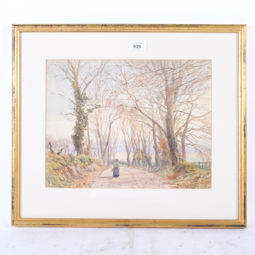 939 - Watercolour, figure on an autumnal country lane, framed, 43cm x 50cm overall