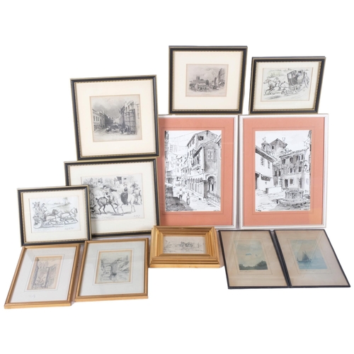 941 - A box of framed etchings and prints, including Corfu, 34cm x 26cm