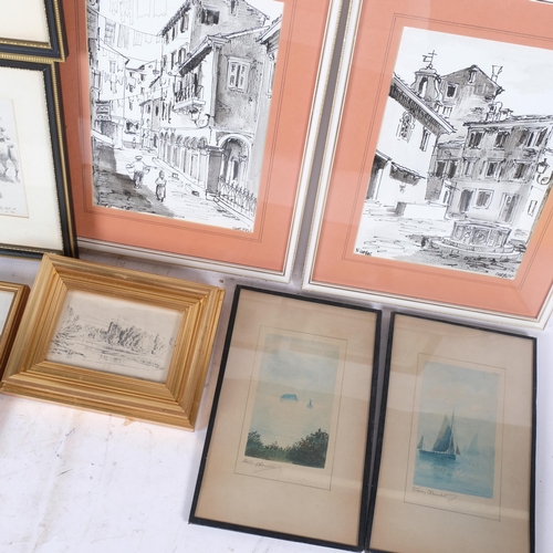 941 - A box of framed etchings and prints, including Corfu, 34cm x 26cm