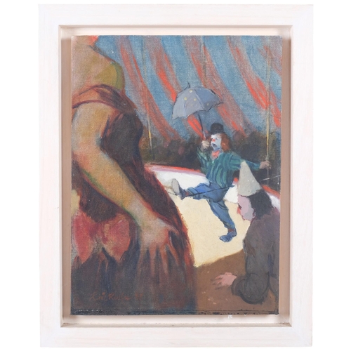 E Rolfe, oil on board, circus scene, framed, 49.5cm x 39.5cm overall