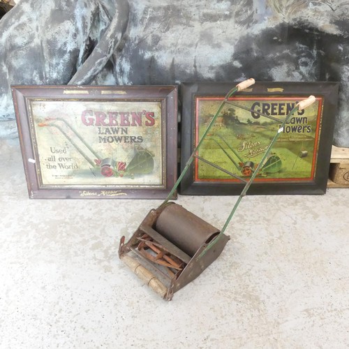 311 - A Webb children's / advertising lawn mower, and 2 vintage Green's tin advertising boards. (3).