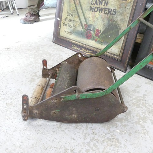 311 - A Webb children's / advertising lawn mower, and 2 vintage Green's tin advertising boards. (3).