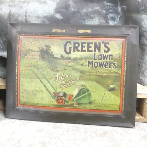 311 - A Webb children's / advertising lawn mower, and 2 vintage Green's tin advertising boards. (3).